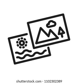 Set of two photos. Thin line icon for missing thumbnail or vacation memories. Vector illustration with photos from nature, mountain and beach