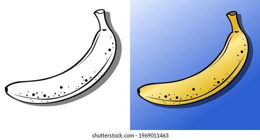 A set of two pictures of banana fruits in black and white and color with texture. Vector illustration