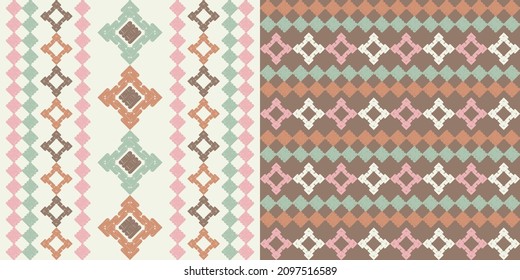 A set of two pictures. A mosaic of striped geometric figures. Ethnic boho ornament. Seamless pattern. Design with manual hatching. Textile. Vector illustration for web design or print.