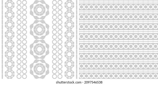 A set of two pictures. A mosaic of striped geometric figures. Ethnic boho ornament. Seamless pattern. Design with manual hatching. Textile. Vector illustration for web design or print.