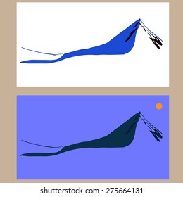 Set of two pictures with a mountain, hand drawn. Day and night. Vector illustration.