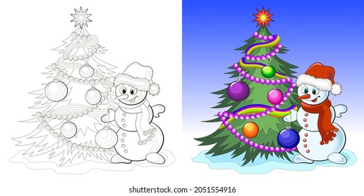 Set of two pictures with a snowman and a Christmas tree for coloring