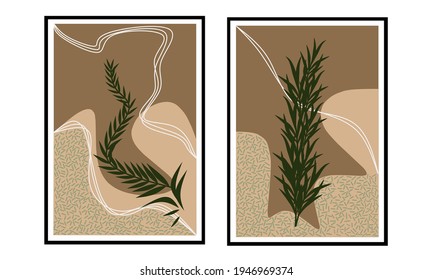 Set two pieces of abstract bontanical flowers wall art. Neutral color, dark brown wall decor. Minimalist wall Decorations.