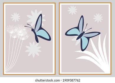 Set of two pieces abstract butterfly and flowers wall art. Pink blue and white color of butterfly wall decor. Nursery Decor for Minimalist home. Wall decorations for kids.