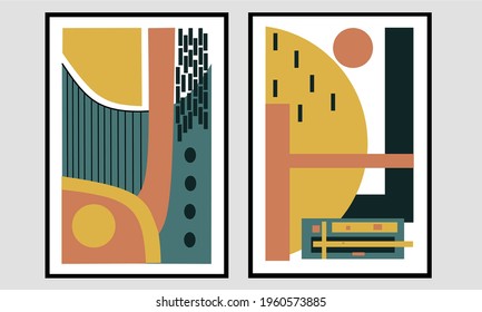 Set two pieces of abstract Geometric mid century contemporary wall art. Vintages wall decor. Minimalist Geometry wall Decorations for bedroom and living room.