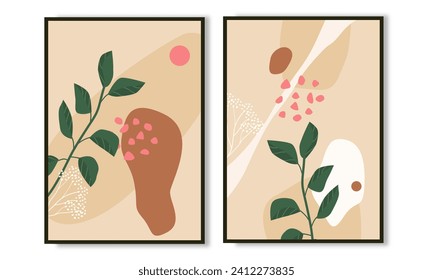 Set of two pieces botanical wall art. Collection of florals wall decoration for scandinavian home.