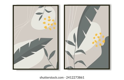 Set of two pieces botanical wall art. Collection of florals wall decoration for scandinavian home.