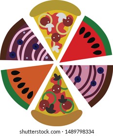 a set of two pieces of pizza, two pieces of cake, two pieces of watermelon. Pizza, watermelon and cake. Round set