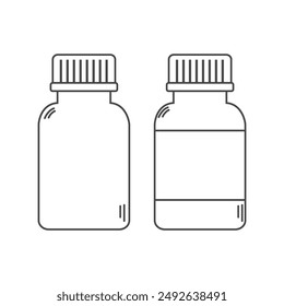 Set of two pills bottles icons in line style. Medicine container with prescription label. Editable stroke