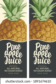 Set von zwei Ananas-Saft-Etiketten mit realistischen Ananas und Kalligrafie-Schrift. Vektorgrafiken für natürlichen Ananas-Saft im Retro-Stil