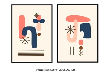 Set of two pink abstract mid century modern wall art. Minimalist wall print for scandinavian home.
