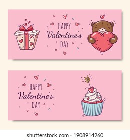 Set of two pink horizontal banners with cupcake and teddy bear and gift box in doodle style for Valentine s Day
