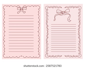 Set Of Two Pink Simple Vintage Frame Sheet Lists Note With Bow Outline Isolated Vector Design