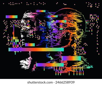 A set of two pixel human heads emerging out of virtual glitch with visual disturbances in vibrant colors along the whole image.