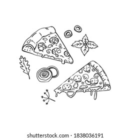 A set of two pizza slices and ingredients. Pizza with salami and shrimps. Linear vector drawing in doodle style. Italian fast food. Isolated on white background. For printing on paper and web design
