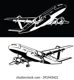 Set of two the plane is landing and takeoff gear, on a white and black background Airplane icon in a monochrome style. Airlines. Flying in the sky plane. Aircraft silhouettes high full. Business trip.