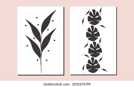 Set two of Plant and flower minimal wall art. Scandinavian wall decor. Monestra wall Decorations. Bontanical flowers home Decorations.