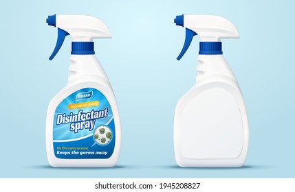 Set of two plastic spray bottles. Cleaner mockups isolated on light blue background in 3d illustration.