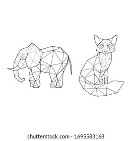 Set of two polygonal abstract animal, elephant and fox. Vector illustration