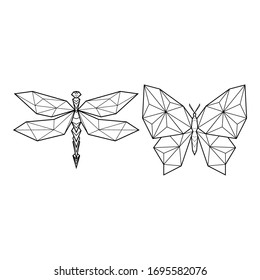 Satz von zwei polygonalen abstrakten Libellen und Schmetterlingen. Vektorillustration