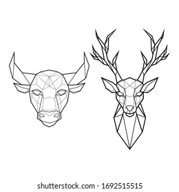 Set of two polygonal abstract heads of a bull and a deer. Vector illustration