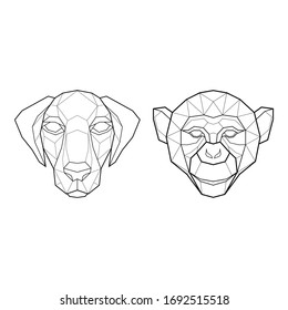 Set of two polygonal abstract heads of a dog and a monkey. Vector illustration