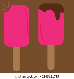 Set of two popsicles isolated on a brown background. Melting popsicles for summer season.