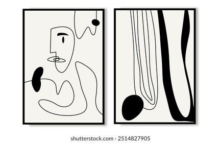 Set of two portrait modern wall art. Surreal face line art drawing wall print collections. Good for wallpaper, vector poster, wall decorations and art deco.