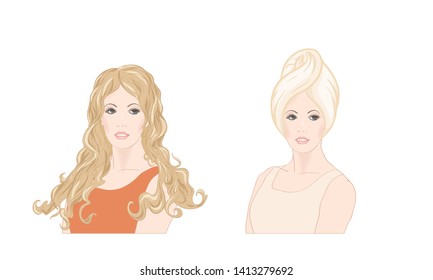 Set of two portraits of beautiful woman 30-39 or 40-49 with a towel on her head with hairstyle and makeup. Before and after. Hand drawn vector line art illustration.