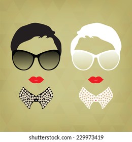 Set of two portraits of hipsters, two women. Hipster girl. Vintage hipster background. Print for your T-shirts. Black and white