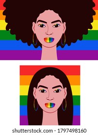 Set of two portraits of young beautiful women who have hoop earrings and makeup on eyelids and lipstick
in rainbow colors, isolated on LGBT flag
