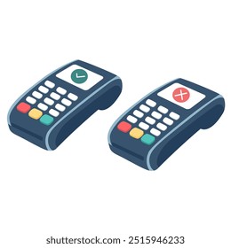 Conjunto de dois terminais POS com sinal cruzado vermelho e marca de seleção verde. Vista lateral da máquina terminal