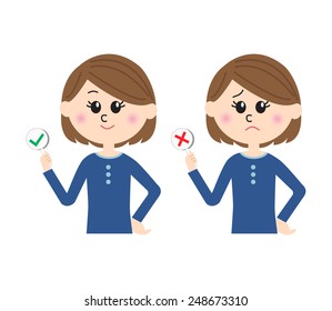 A set of two pose variations of young woman with yes and no signs, vector illustration