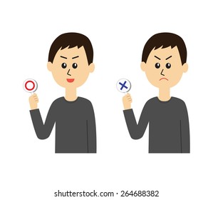 A set of two pose variations of young man with yes and no signs, vector illustration