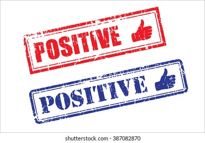 Set of two POSITIVE grunge realistic rubber stamps icons with thumbs up logo. Red and Blue colors, different fonts, shapes,corners, isolated on white background. Editable Vector illustration EPS 10.
