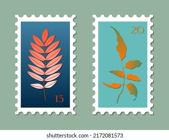 Set two post stamps illustrations  Variety modern vector isolated stamps  Autumn vintage concept post theme  Fall leaves drawings  for mail   post design 