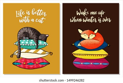 A set of two postcards for children with lettering "life is better with a cat"/"Wake me up when the winter is over." Cat and mouse sleeping on pillows. Cute red Fox sleeping on three colorful pillows.