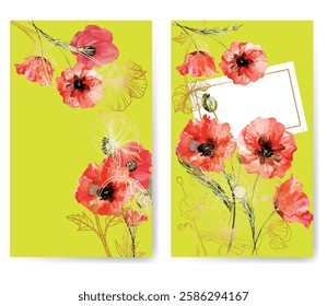 set of two postcards with red poppies and a golden gradient on a green background