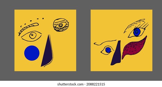 Set of two posters. Abstract line drawing eyes, red nose and blue circle. Hand-drawn avant-garde vector illustration, minimalist  elegant style in black and white on yellow background