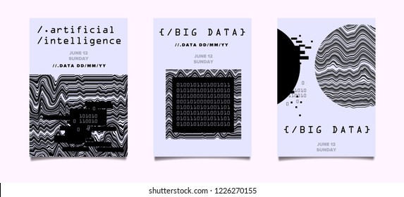 Set of two posters for AI (artificial intelligence) conference, Big Data meetup, Hackathon. Glitch Art Minimal Geometric Composition, Cyberpunk style illustration.