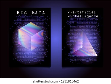 Set von zwei Plakaten für AI (künstliche Intelligenz) Konferenz, Big Data Meetup, Hackathon. 3D Holografische Cube und Prism mit binären Codezeilen, die im Dunkeln leuchten. Cyberpunk/Synthwave-Stil.