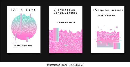 Set of two posters for AI (artificial intelligence) conference, Big Data meetup, Hackathon with Glitch Art Minimal Geometric Composition. Cyberpunk/ synthwave/ Vaporwave style illustrations.