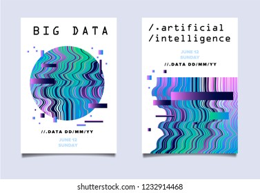 Set of two posters for AI (artificial intelligence) conference, Big Data meetup, Hackathon with Glitch Art Minimal Geometric Composition. Cyberpunk/ synthwave style illustrations.