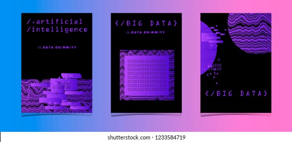Set of two posters for AI (artificial intelligence) conference, Big Data meetup, Hackathon with Glitch Art Minimal Geometric Composition. Cyberpunk/ synthwave style illustrations.