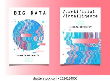 Set of two posters for AI (artificial intelligence) conference, Big Data meetup, Hackathon with Glitch Art Minimal Geometric Composition. Cyberpunk/ synthwave style illustrations.