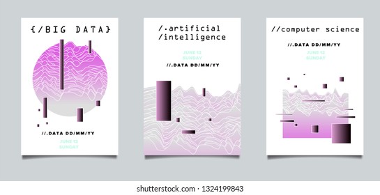 Set of two posters for AI (artificial intelligence) conference, Big Data meetup, Hackathon with Glitch Art Minimal Geometric Composition. 