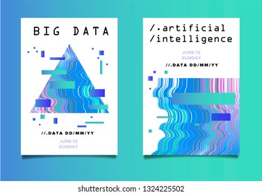 Set of two posters for AI (artificial intelligence) conference, Big Data meetup, Hackathon with Glitch Art Minimal Geometric Composition. 