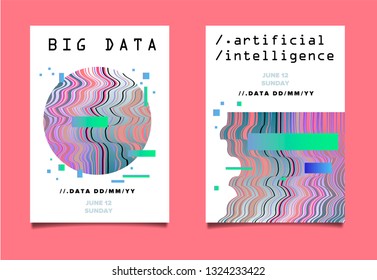 Set of two posters for AI (artificial intelligence) conference, Big Data meetup, Hackathon with Glitch Art Minimal Geometric Composition. 