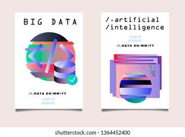 Set of two posters for AI (artificial intelligence) conference, Big Data meetup, Hackathon with Glitch Art Minimal Geometric Composition. Cyberpunk/ synthwave style illustrations.