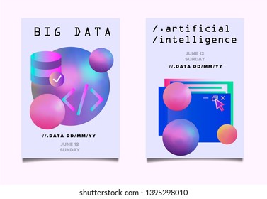 Set of two posters for AI (artificial intelligence) conference, Big Data meetup, Hackathon with Glitch Art Minimal Geometric Composition.  Neon vaporwave/ retrowave style.